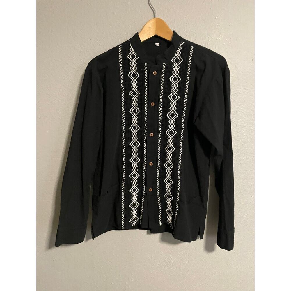 Womens Top Medium Black Linen Blend Embroidered Button Up Pockets Lagenlook Boho